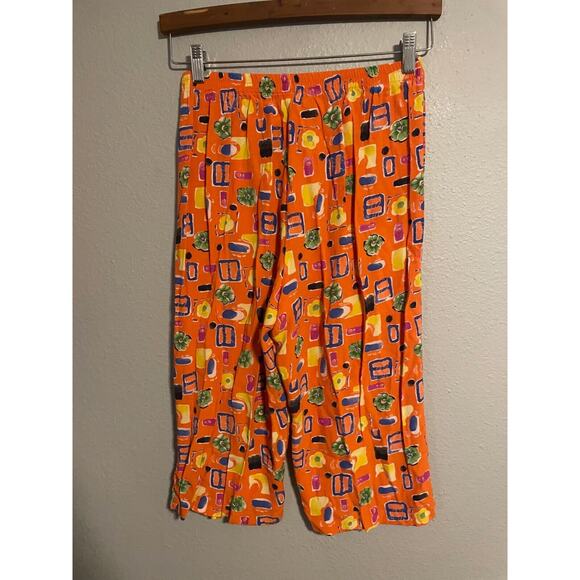 Vintage Women Capri Pants Medium Orange Rayon Abstract Pull On Wide Leg Wacky - Picture 2 of 7